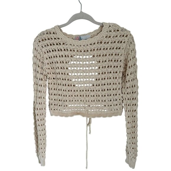 Free People Beach Crop Top Crochet Knit Open Back & Adjustable Tie Beige Long Sl - Picture 2 of 10